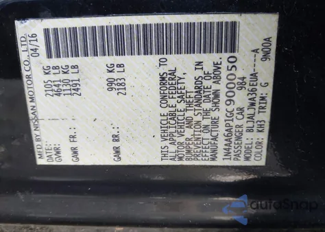 2016 Nissan Maxima 3.5 Sv z USA, uszkodzony, nr VIN 1N4AA6AP1GC900050